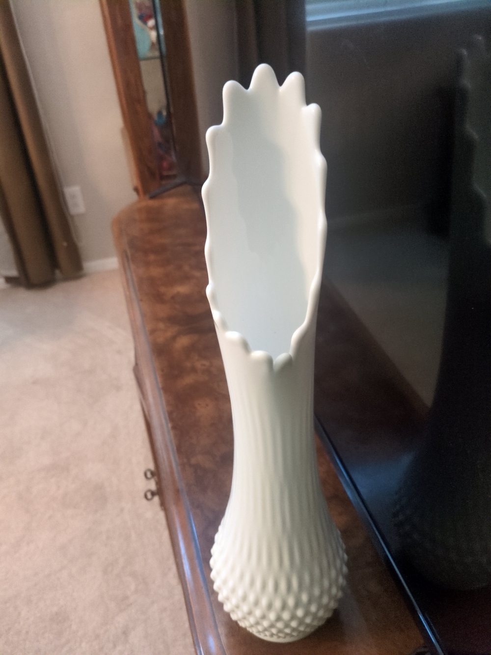 Vintage Fenton hobnail milk glass swung vase. 18"